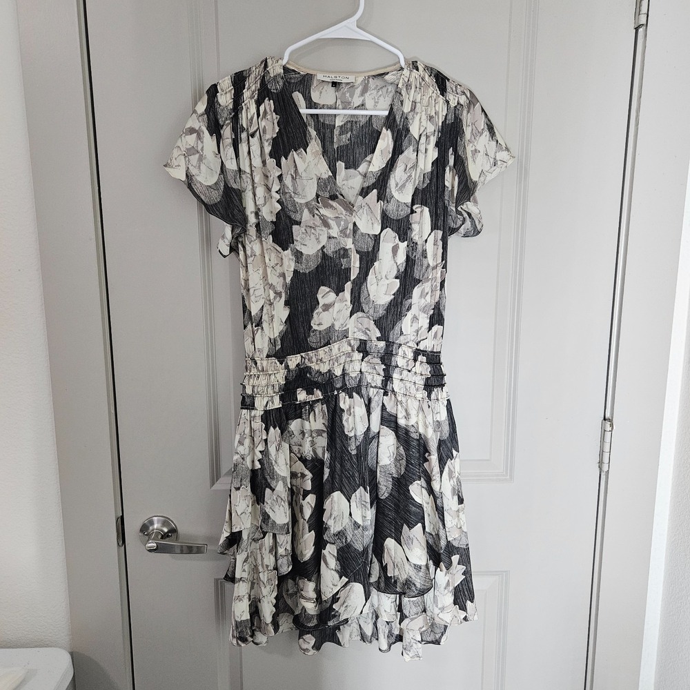Halston Heritage Dress Large Short Sleeve Elastic Waist Abstract Beige‎ Gray